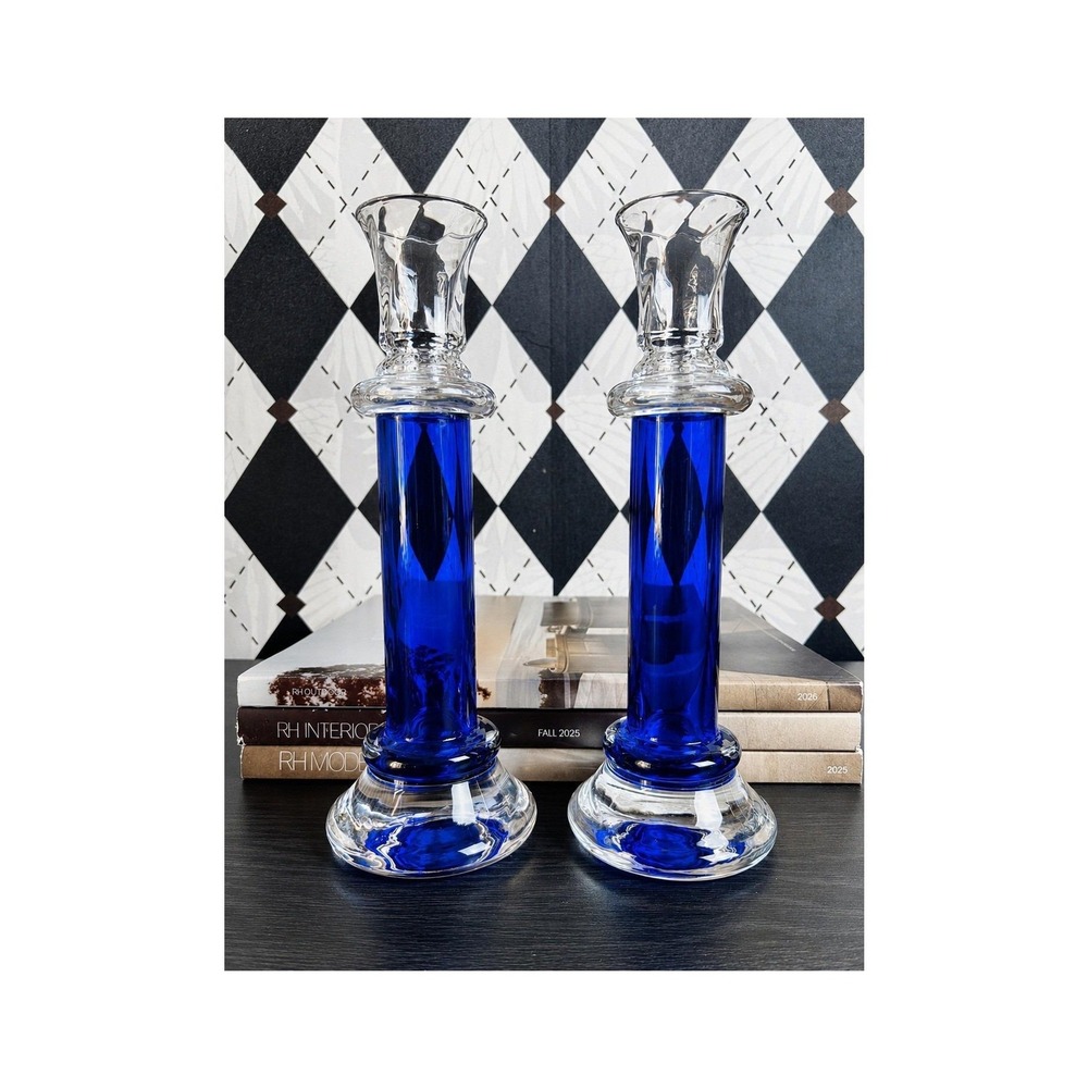 Swedish Art Glass SEA Glasbruk Cobalt Blue Candlestick Pair
